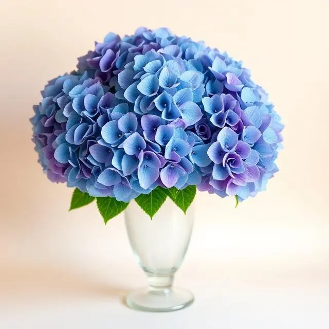 Blue Hydrangea: blue and violet hydrangea heads in a footed glass vase, from Flowers Hong Kong
