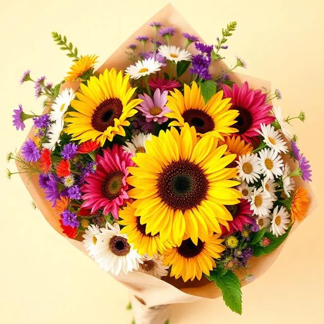 Colourful Mixed Bouquet: sunflowers, pink gerberas, white daisies and purple sprays in kraft paper, from Flowers Hong Kong