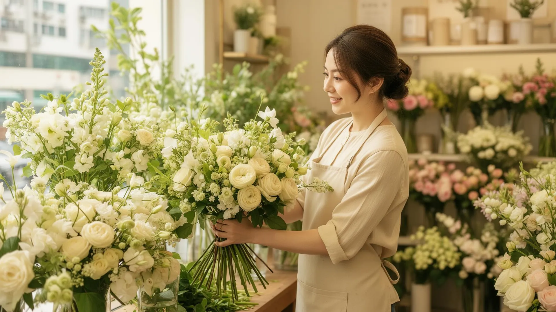Florist arranging a hand-tied bouquet of cream roses and white flowers for delivery in Hong Kong