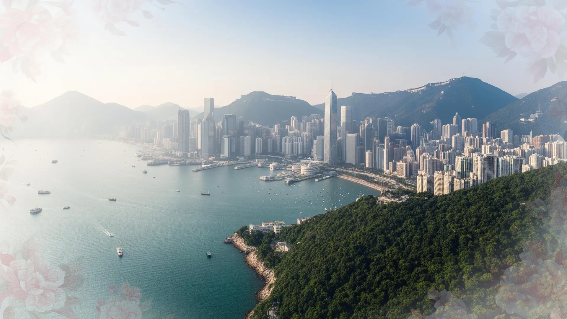 View over Victoria Harbour and the Hong Kong Island skyline, framed by soft pink blossom
