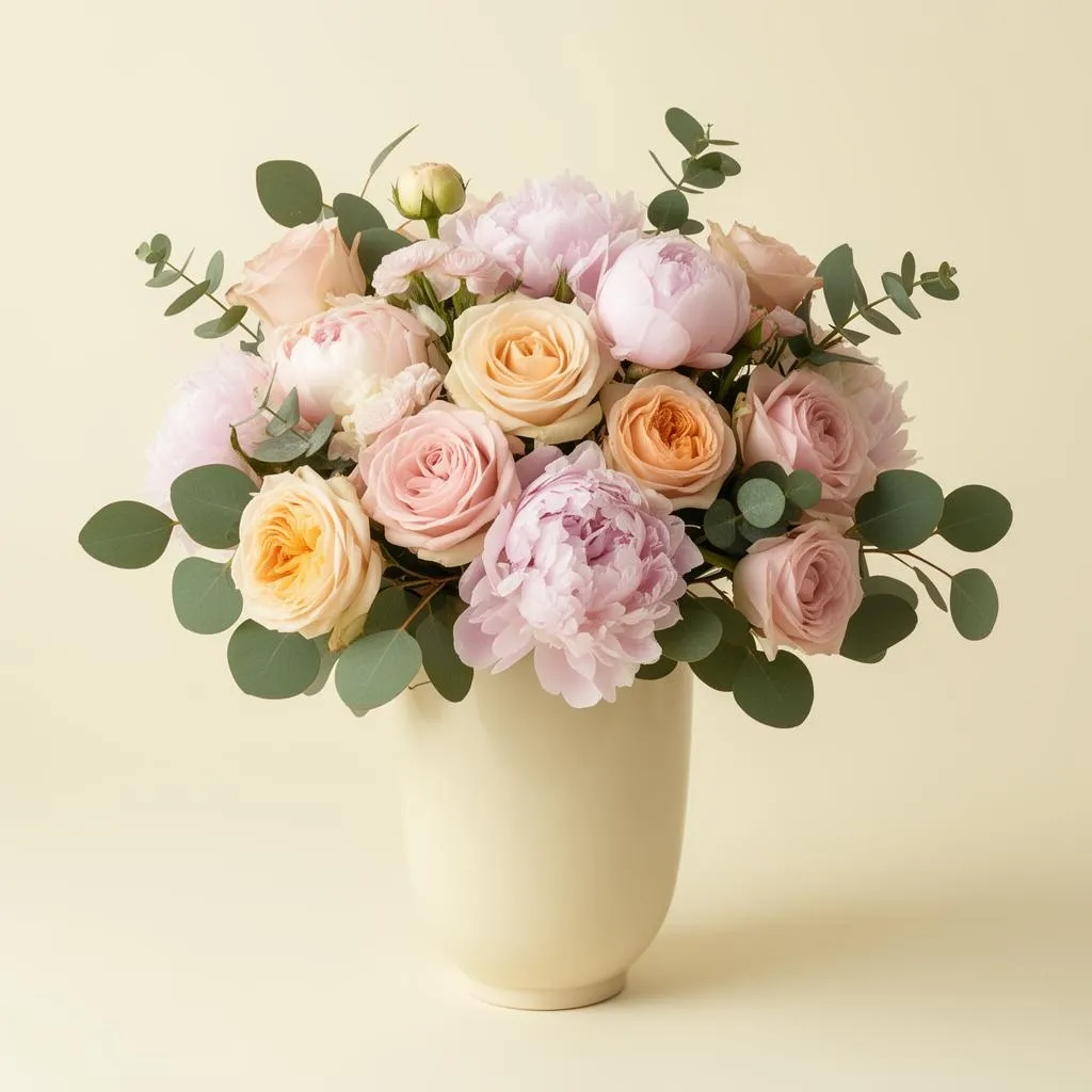Pastel arrangement of peach and pink roses with pink peonies and eucalyptus in a cream vase