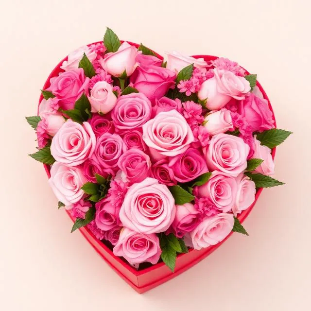 Heart Flower Box: pink roses and carnations packed into a red heart-shaped box, from Flowers Hong Kong