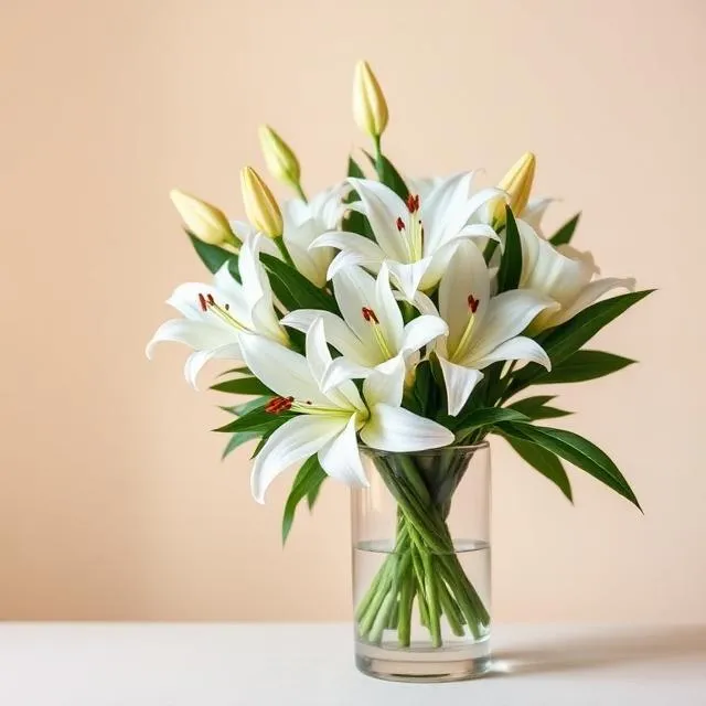 White Lily Arrangement: white lilies and fresh buds in a clear glass vase, from Flowers Hong Kong